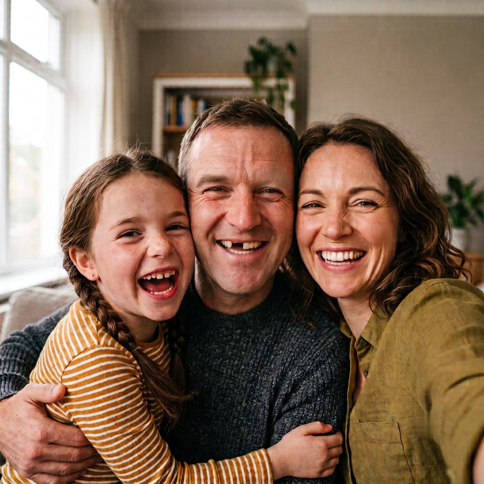A family of three laughing together at home.