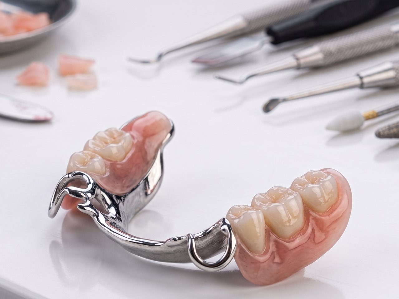 A chrome cobalt partial denture on the bench beside laboratory hand tools