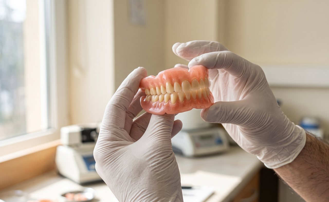 A finished full upper and lower denture held up to the light