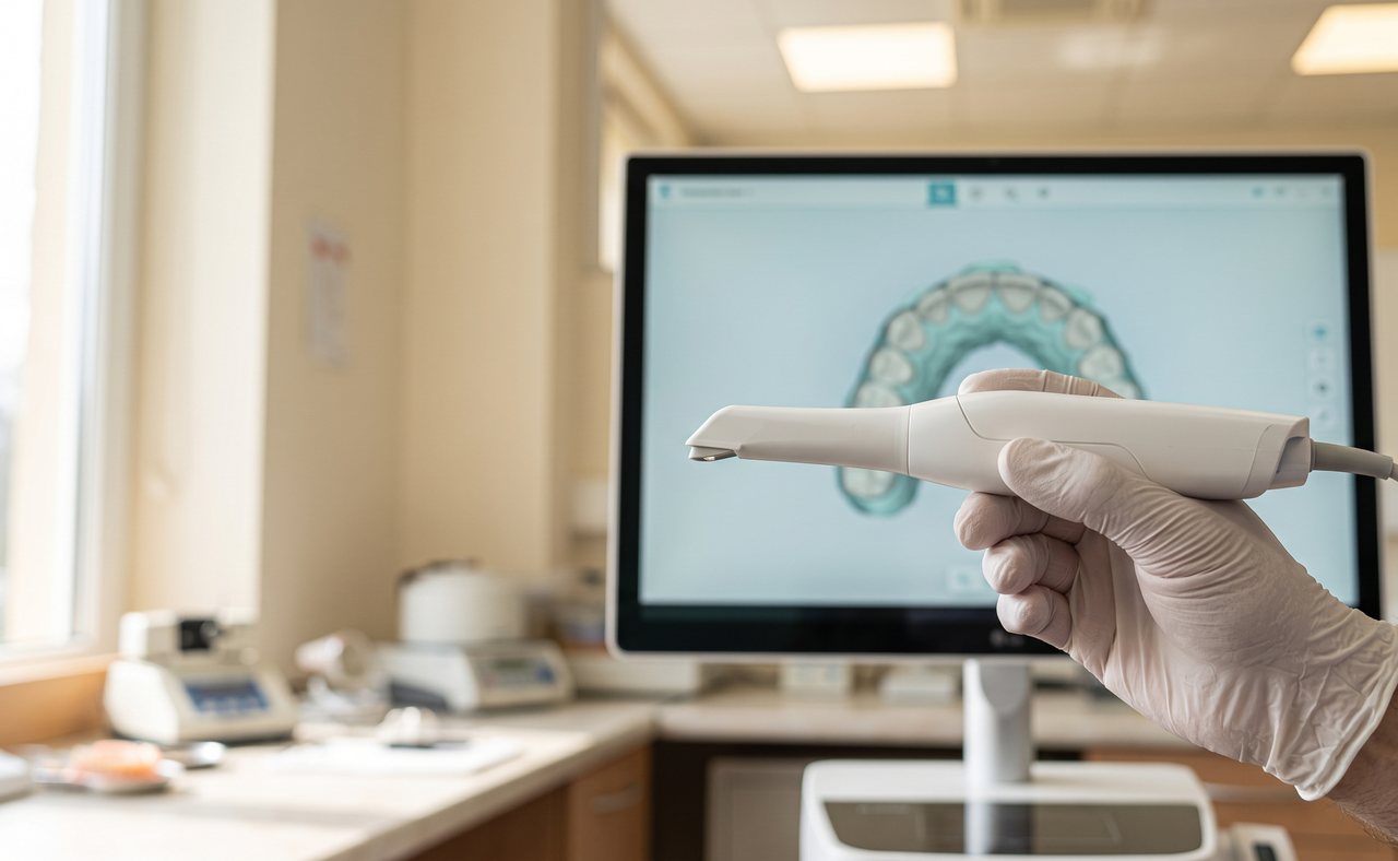 An intraoral scanner in hand with the scan on screen behind it